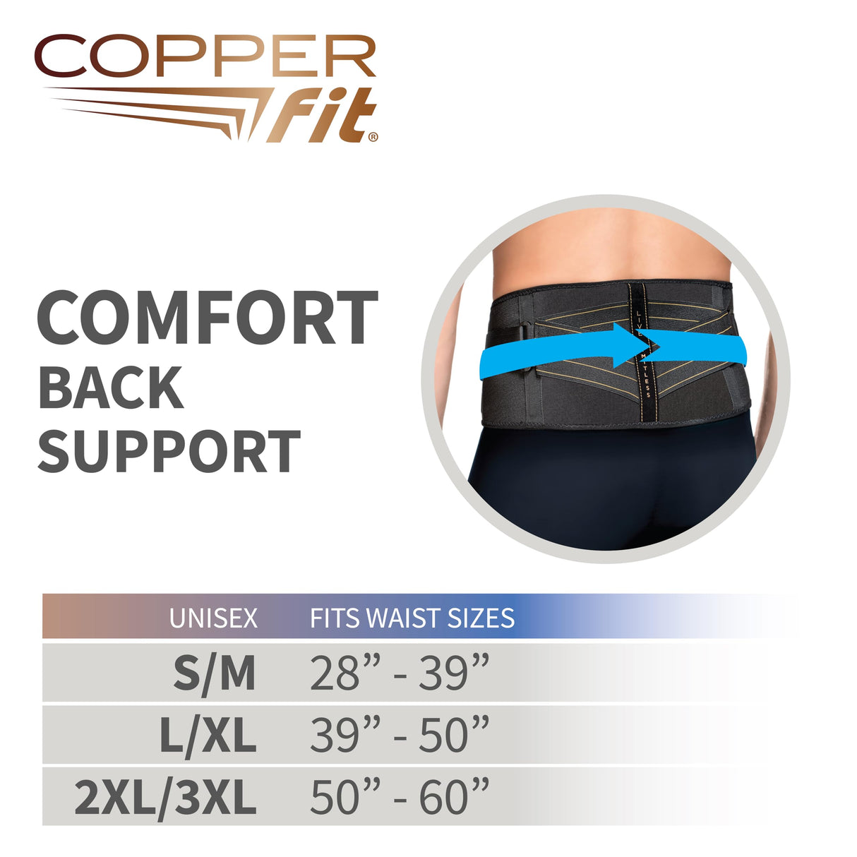 Copper Fit Comfort Compression Lower Back Lumbar Support Brace with Dual Adjustable Support Straps – All Day Comfort – For Men and Women Small-Medium