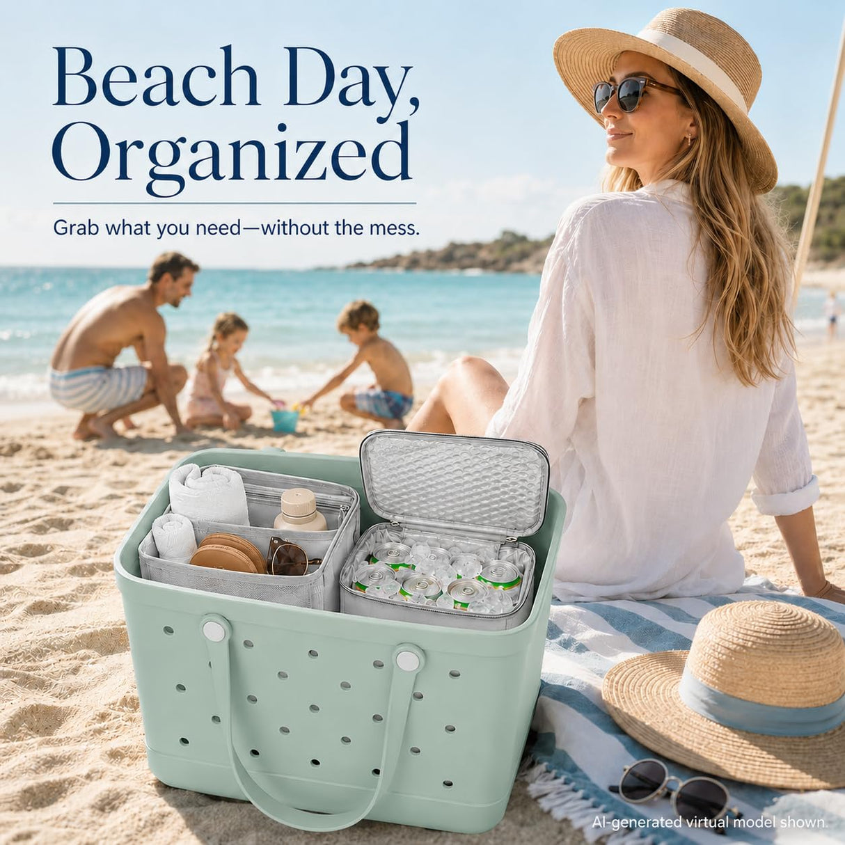 2-in-1 Cooler Organizer Insert Compatible with X Large Bogg Bag, No More Mess & Leaks, Beach & Pool Organizer for Travel & Picnic, Leak-Proof PEVA Insulated Cooler with Mesh Divider
