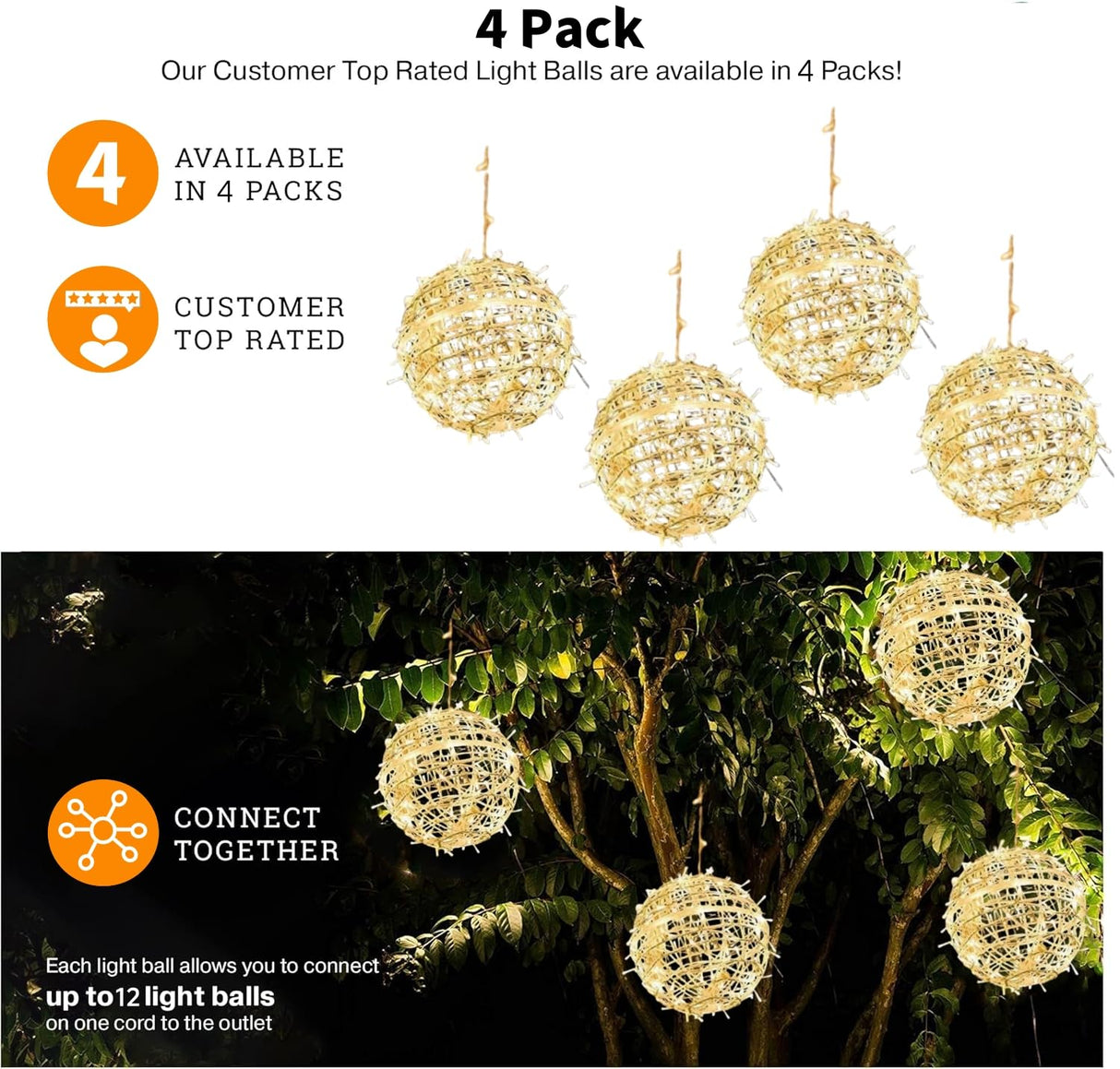 Outdoor Christmas Balls Lights 4 Pack Hanging 7.9" LED Garden Sphere Tree Lights 8 Modes Waterproof Glow Globe Lights with Memory Timer Plug for Party Yard Porch Eave Patio Xmas Decorations-Warm White