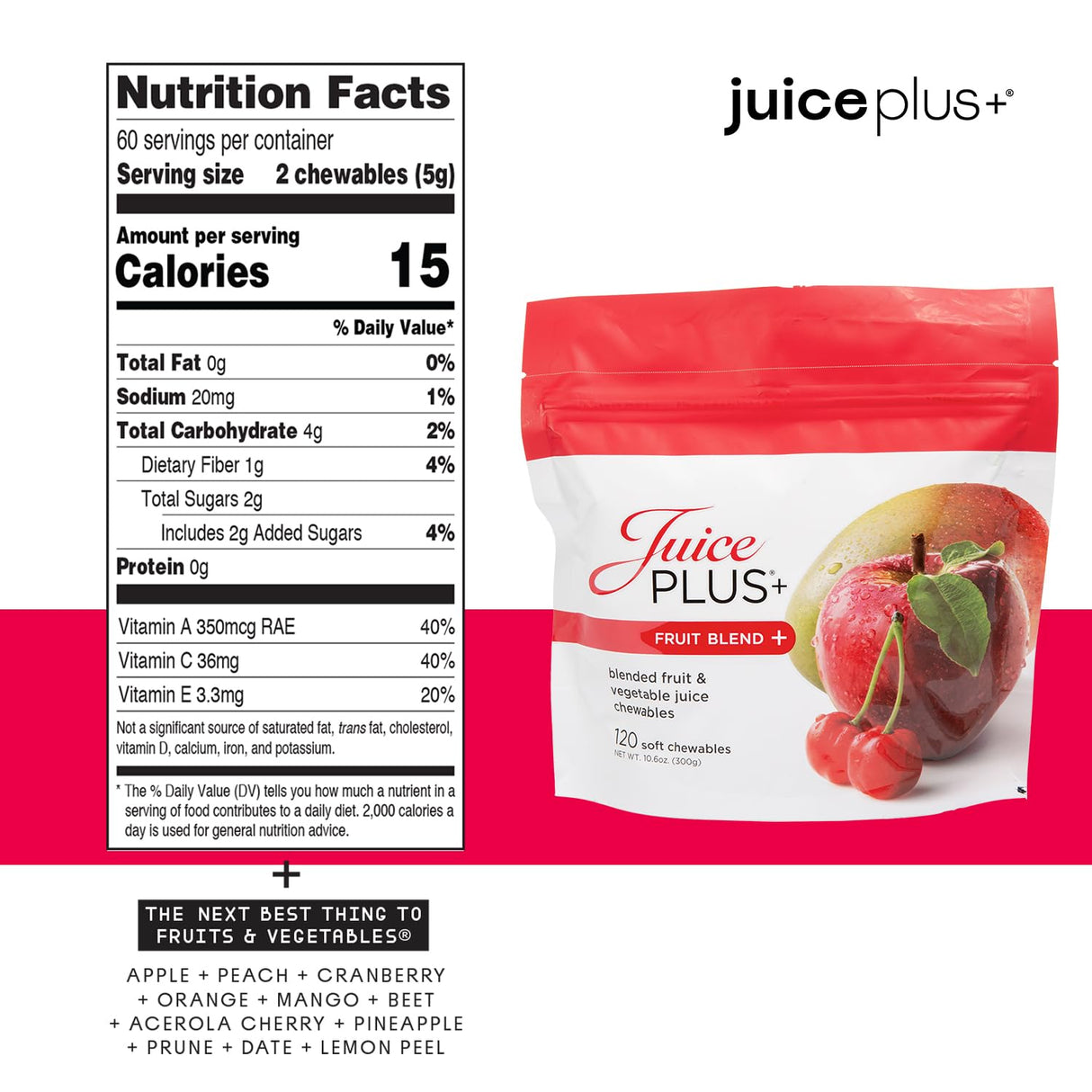 JuicePlus+ Fruit & Vegetable Blend Soft Chews - Tasty Vegan Fruit and Veggie Gummy Vitamins for Adults & Kids - 4 Month Supply (4 Pouches, 30 Chews Each)