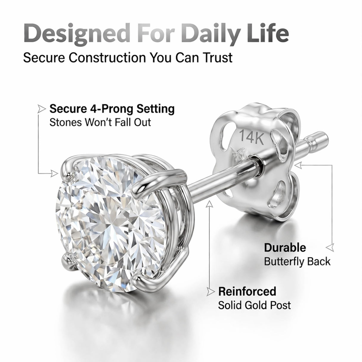 14k Gold Solitaire Round Cubic Zirconia Earrings Studs for Women & Men | Anti Tarnishing CZ Stud Earrings with 14k Gold Butterfly Pushbacks | 5MM, 8MM Post Length by MAX + STONE