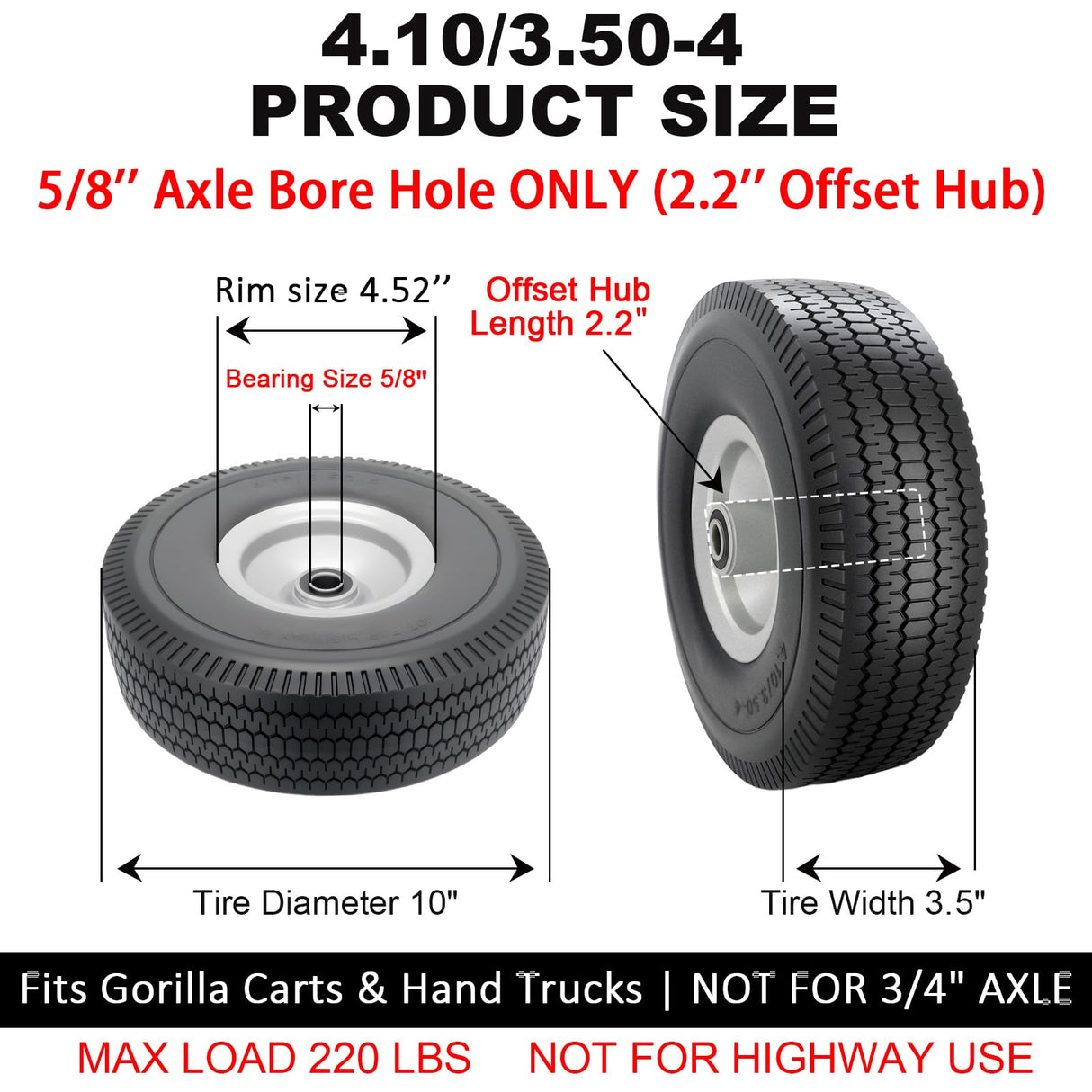 CYHOBK 2-Pack 4.10/3.50-4" Flat Free Solid Rubber Tires - 10" Replacement Wheels with 5/8" Axle Bore, 2.2" Offset Hub for Gorilla Cart, Hand Truck, Garden Wagon, Dump Carts - Puncture Proof