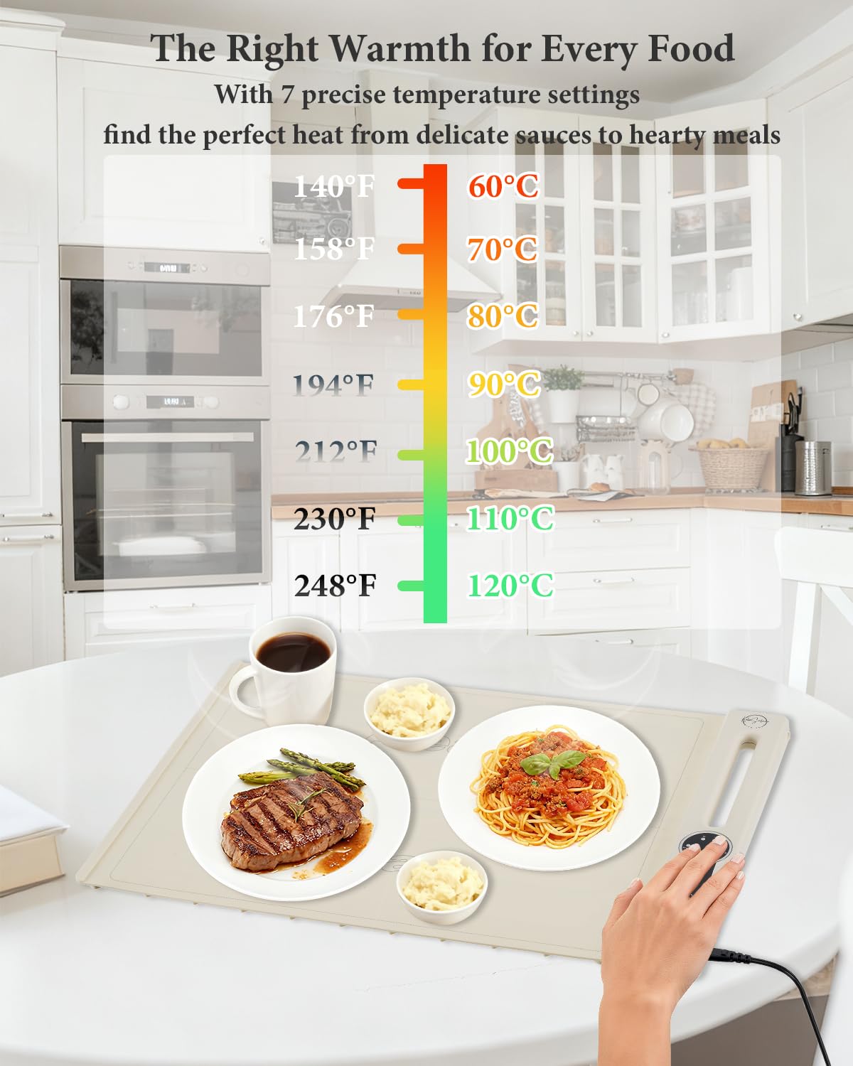 KokoSelene Food Warming Mat, Dual-Zone Heating Mat for Food with 7 Temp & Timer, 10s Fast Heat Flexible Silicone Warmer for Home, Parties, Buffet Serving (Cream-2 PCS)