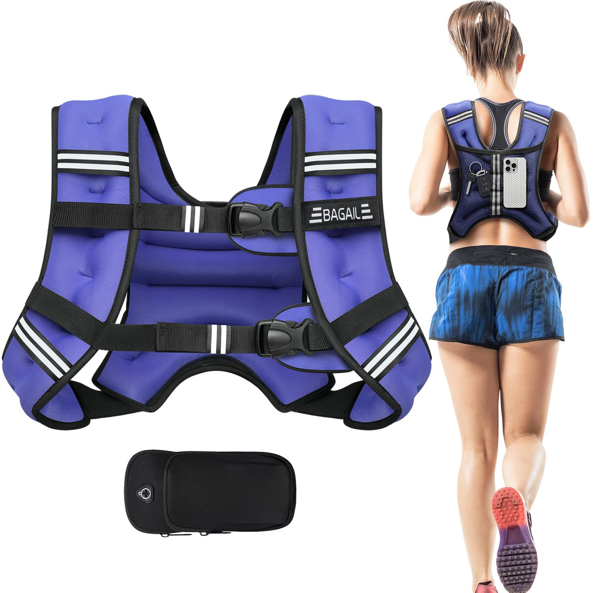 BAGAIL Weighted Vest, 5lbs/10lbs/12lbs/15lbs/20lbs/25lbs/30lbs Weight Vest with Detachable Phone Pouch, Rucking Vest for Women, Men, Walking, Weight Loss, Training, Running