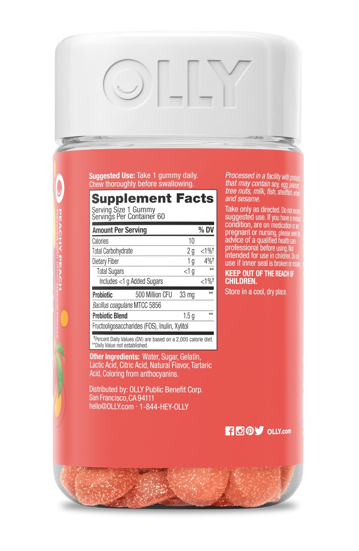 OLLY Probiotic + Prebiotic Gummy, Digestive Support and Gut Health, 500 Million CFUs, Fiber, Adult Chewable Supplement for Men and Women, Peach, 60 Day Supply - 60 Count