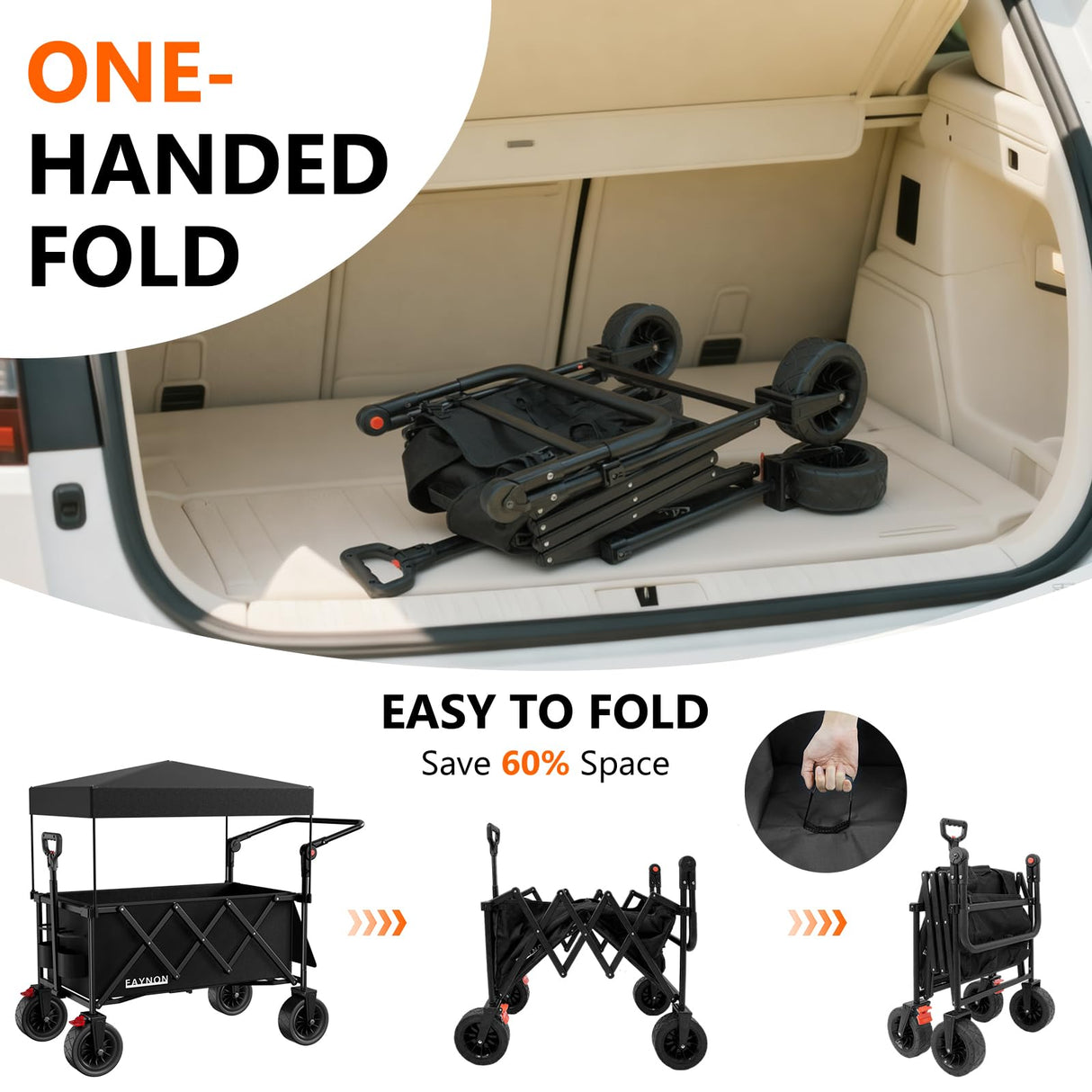 3 in 1 Collapsible Wagon with 300lbs Weight Capacity,150L Heavy Duty Utility Cart with Removable Canopy,with Big All-Terrain Beach Wheels & Drink Holders,Black