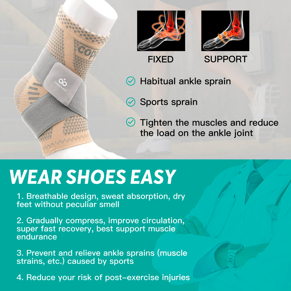 INDEEMAX Ankle Brace for Sprained Ankle Compression Sleeve, 2 Pack Copper Infused Ankle Support Brace for Women & Men, Plantar Fasciitis Relief Achilles Tendonitis, Sports Running, Skin Silver, L