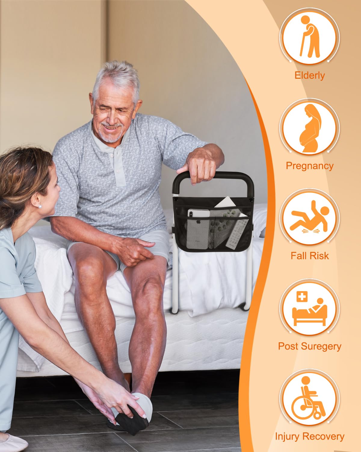 Bed Rails for Elderly Adults Safety - Adjustable Bed Assist Rail for Seniors - Stable Bed Side Rails Handle Support Bar Bed Guard Rails with Storage Bag & Fixing Strap, Fit King Queen Full Twin Bed