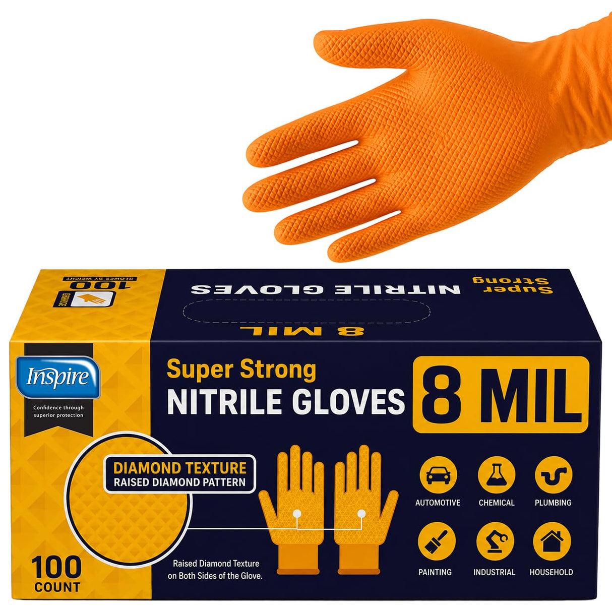 Inspire Heavy Duty Orange Nitrile Gloves Disposable Latex Free | ULTRA 8 Mil Diamond Textured Grip Disposable Cleaning Gloves | Industrial Mechanic Food Large, 100 Count