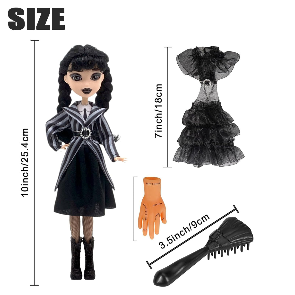 9" Addams Doll with Gift Box, Black Dress, High Heels and Hair, Perfect Christmas and Birthdays Toy Gift for Girls and Fans(New-B)