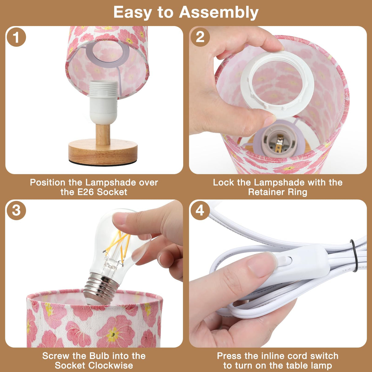 Fenmzee Cherry Table Lamp for Bedroom - Inline Control, Small Bedside Lamp with 3000K A15 LED Blub, Easy Assembly (Cherry Cream Shade, 9" Inline Control)
