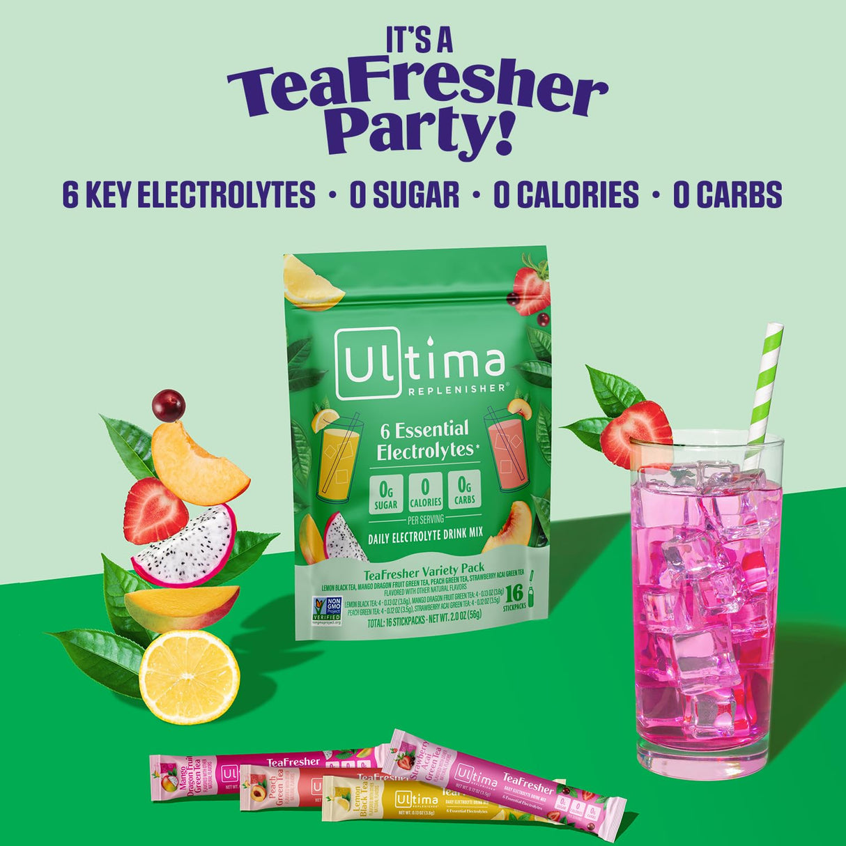 Ultima Replenisher TeaFresher Daily Electrolytes Powder and Instant Tea Mix – Sugar Free – Variety Pack, 16 Stickpacks - Hydration Packets with 4 Fruit and Tea Fusions, 6 Key Electrolytes