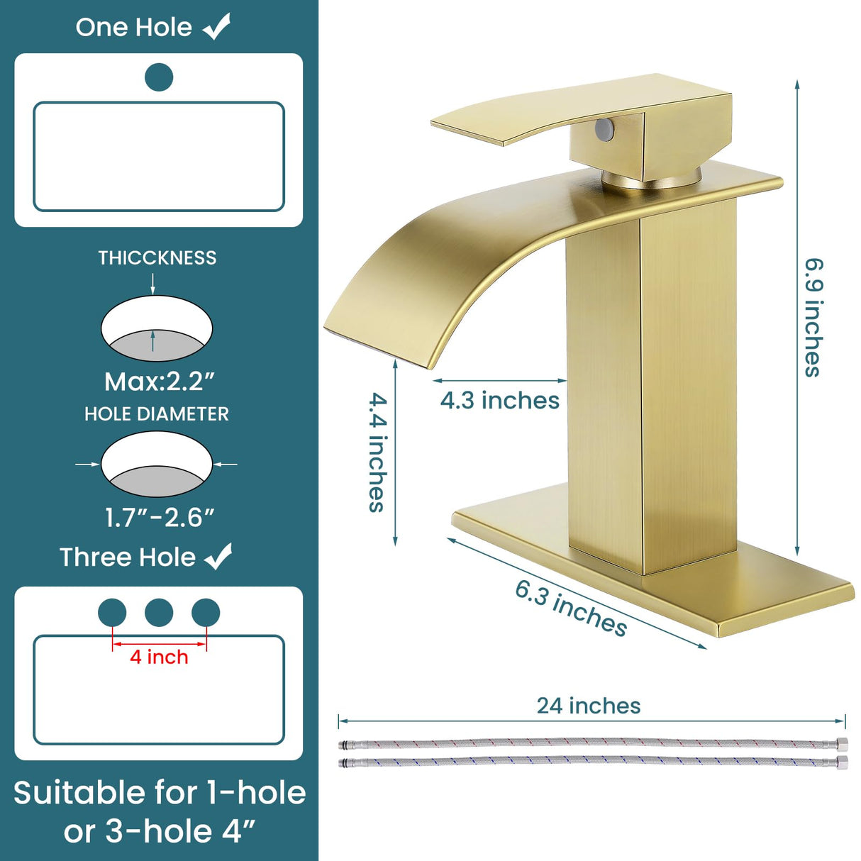 LUFG Bathroom Faucets Brushed Gold Waterfall Bathroom Sink Faucet Modern Single Handle Bathroom Faucet for 1 or 3 Hole Mxier Tap Washbasin Faucet with Deck, Pop-up Drain and Supply Hoses