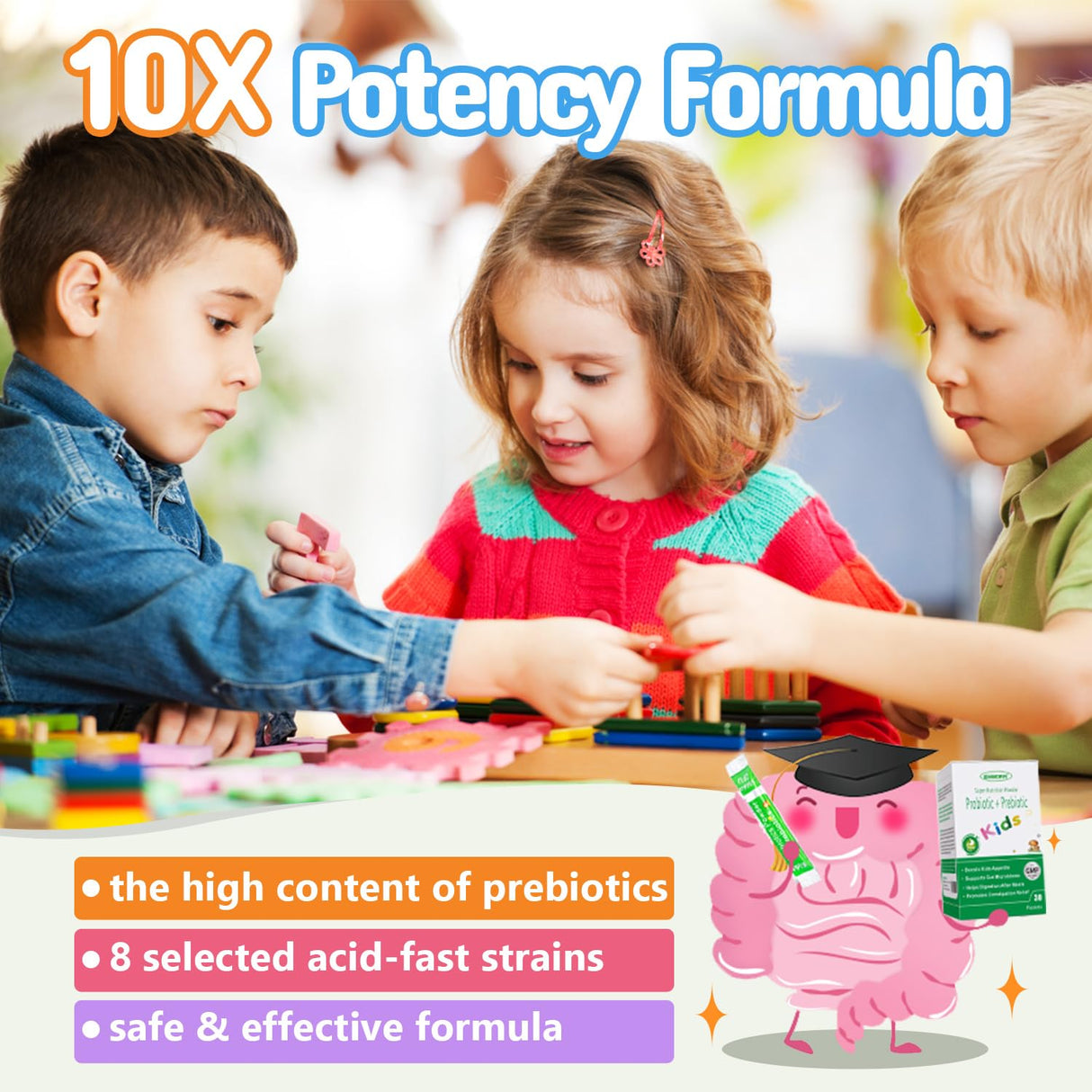 ZEBORA Kids Probiotic & Prebiotics Powder Age 3+ Support Children's Digestive & Immune System with Natural Source, Promotes Constipation Relief, Non-GMO, Gluten-Free, 30 Packets with 5 Billion CFUs