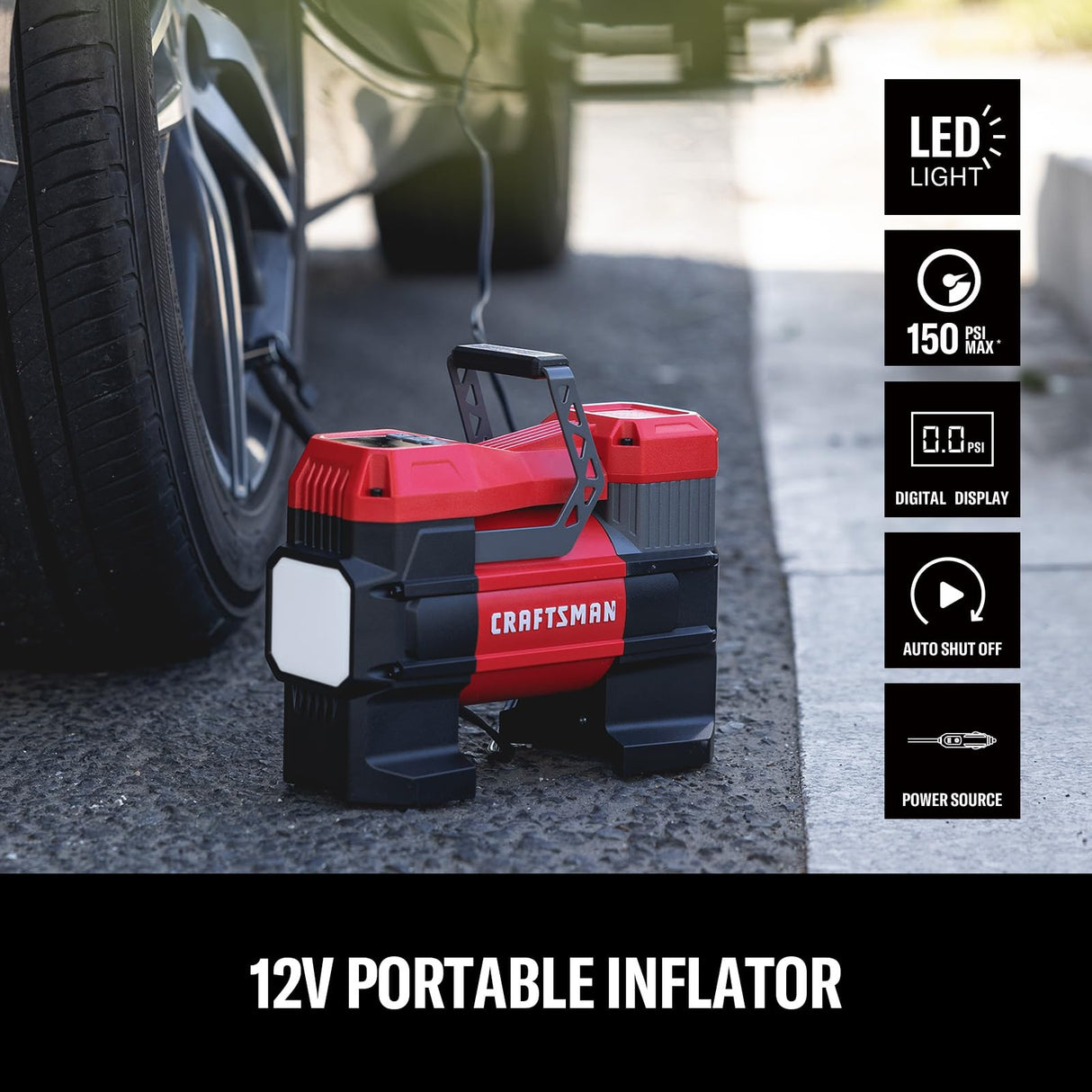 CRAFTSMAN Portable 12V Tire Inflator with Digital Gauge & Auto Shut-Off