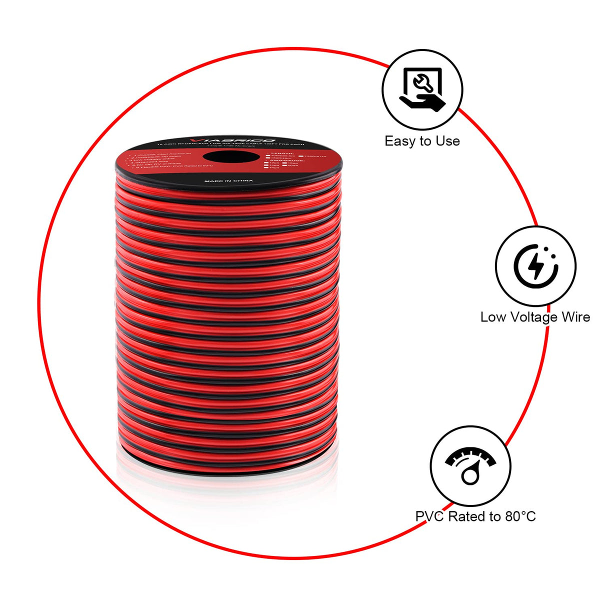 VIABRICO 14AWG 100FT Electrical Wire Cable 2 Conductors Red Black Hookup LED Lighting Strips Flexible Extension Cord 14Gauge Copper Clad Aluminum 12V/24V DC