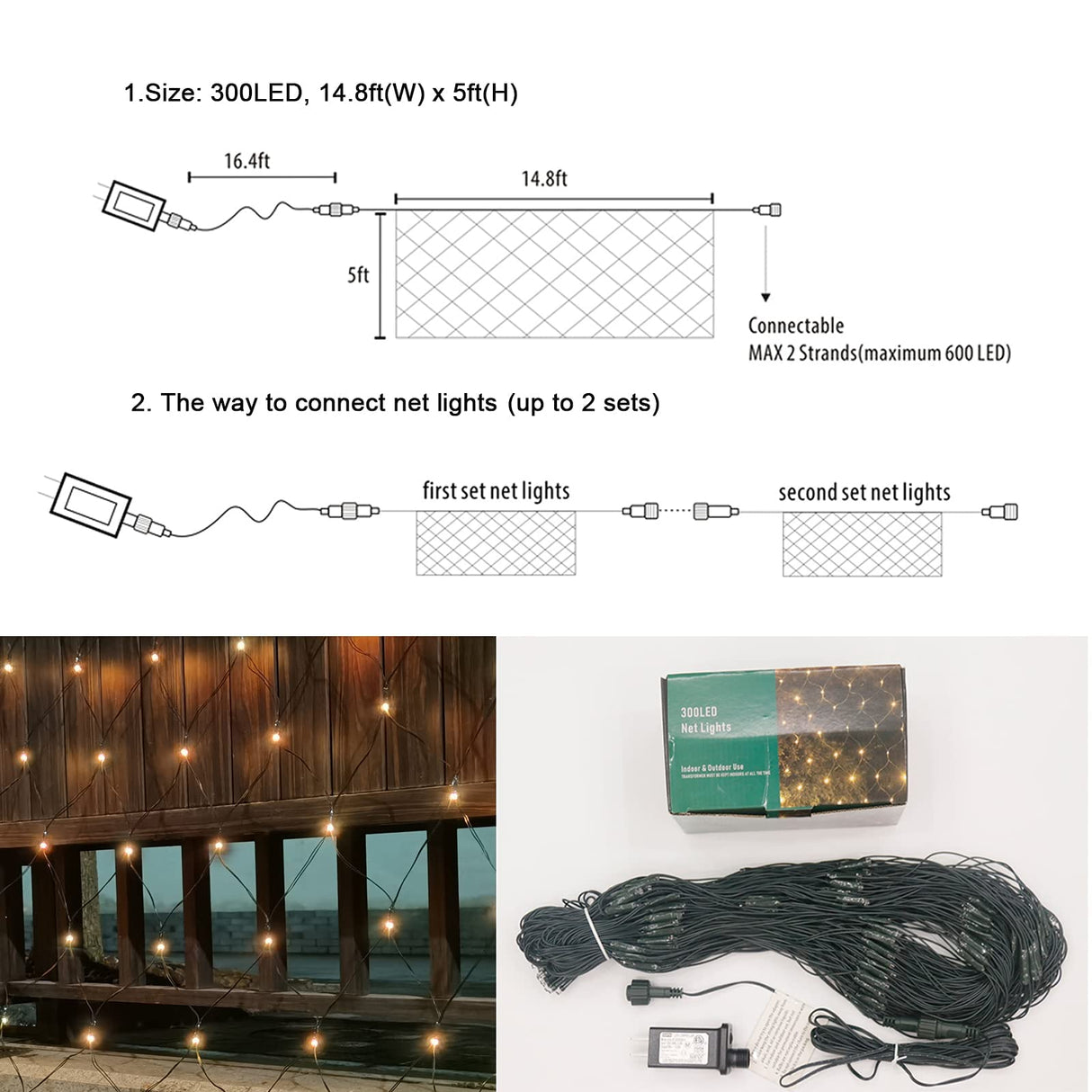 300LED Net Lights, 14.8ft x 5ft 8 Modes Connectable Christmas Outdoor String Mesh Lights, Waterproof Decorative Fairy Light Plug in for Xmas Tree Bushes Holiday Garden Wedding Party - Warm White