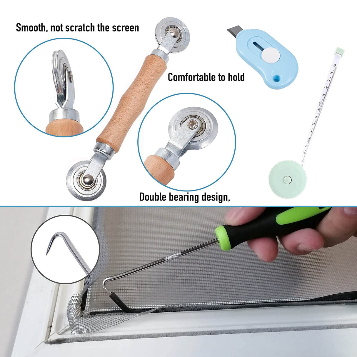 Windows Screen and Screen Door Repair Kit, 48"x118" Charcoal Fiberglass Mesh with Rolling Tool/Hook/Ruler/Cutter/Spline - Window Screen & Sliding Screen Door Replacement for Windows, TOOLTRIZ