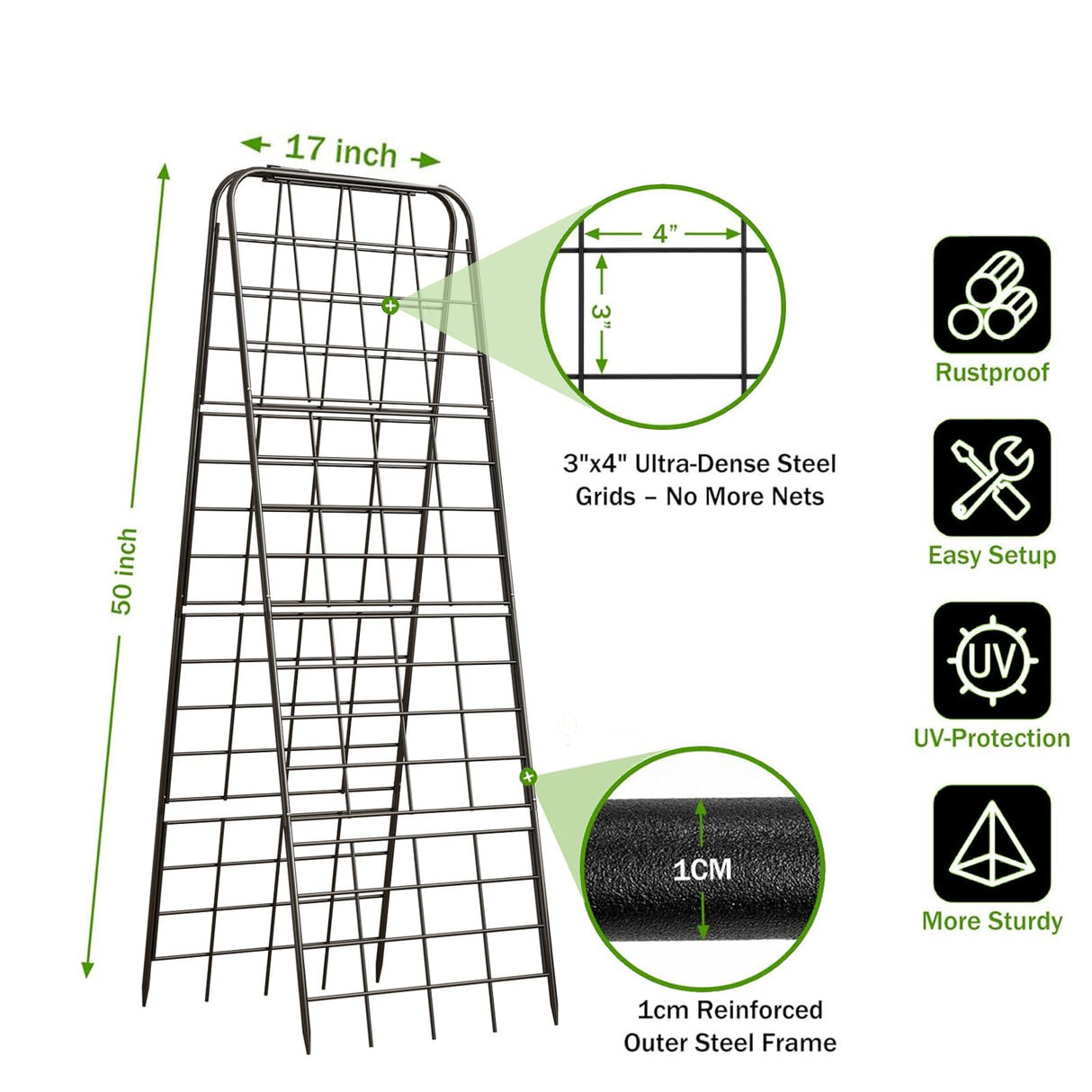 Heavy Duty 50"x17" Adjustable A-Frame Trellis for Climbing Plants – Rust-Proof Metal Garden Trellis with Dense Grid Design, Perfect for Raised Beds, Tomatoes, Cucumbers & Outdoor Vines (Black, 1 Pcs)