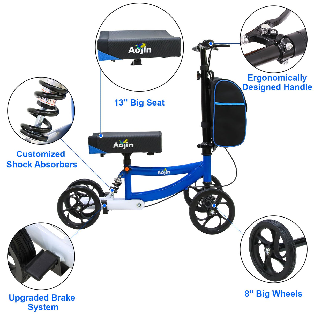 Aojin Knee Scooter, 300lbs Capacity, 13" Big PU Seat, All Terrain Foldable Knee Scooter Walker with Bag for Foot Injuries Compact Crutches Alternative (Blue)