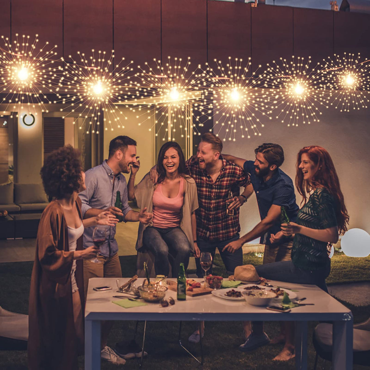 PXBNIUYA 5 Pack 1000LED Plug in Starburst Sphere Lights,Firework Light 8 Modes Dimmable Remote Control Waterproof Hanging Copper Wire Fairy Light for Patio Party Tent Christmas (Warm White)