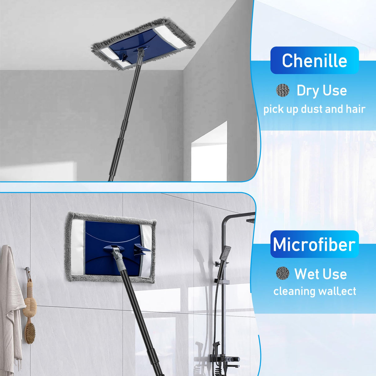 Wall Cleaner Mop with Long Handle, Extra Wall Dust Mop for Washing Walls with 2 Microfiber Reusable Pads,Floor Dry Wet Duster Mops for Wall Washer, Floor,Ceiling Cleaning,Blue