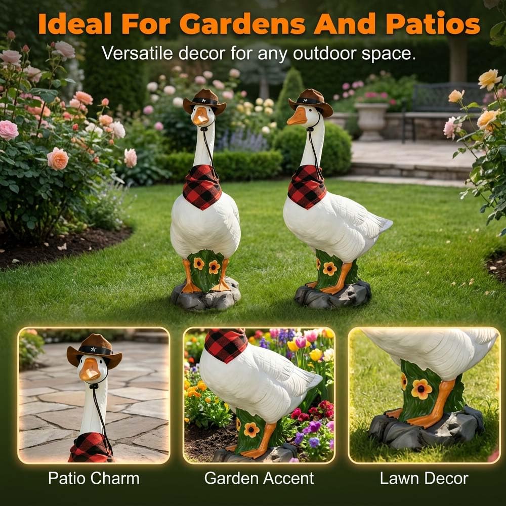 VTYER 2026 New Adjustable Large Porch Goose Statue – 14 Inch Realistic Hollow Plastic Garden Goose with Removable Cowboy Hat & Bandana, Stone Base with Sand-Fillable Design (White)