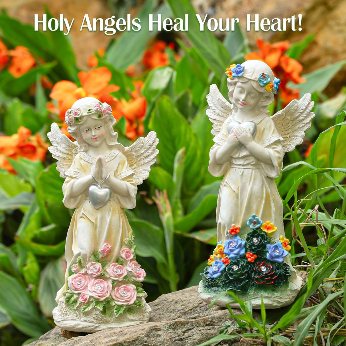 Kssiaz Angel Garden Statue 2Pcs,Love Heart Solar Garden Decor with Warm Light,Waterproof Praying Angel Statue with Flowers,Outdoor Garden Decor Sculpture for Lawn Yard Patio Garden Present,Apricot