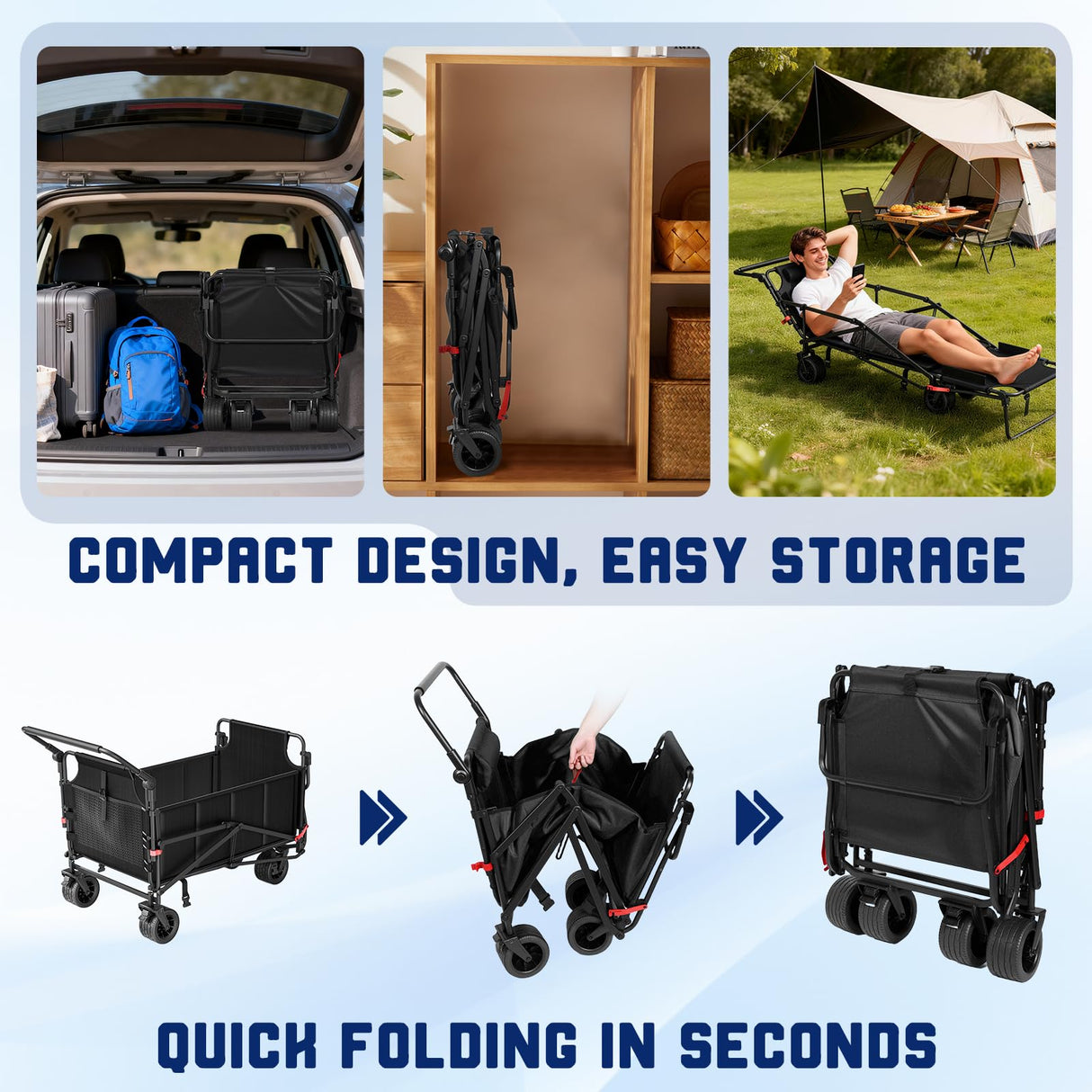 LEVELEVE Heavy Duty Folding Wagon - 2-in-1 Collapsible Cart, 650lb Capacity, All-Terrain Wheels w/Brakes & Side Pockets