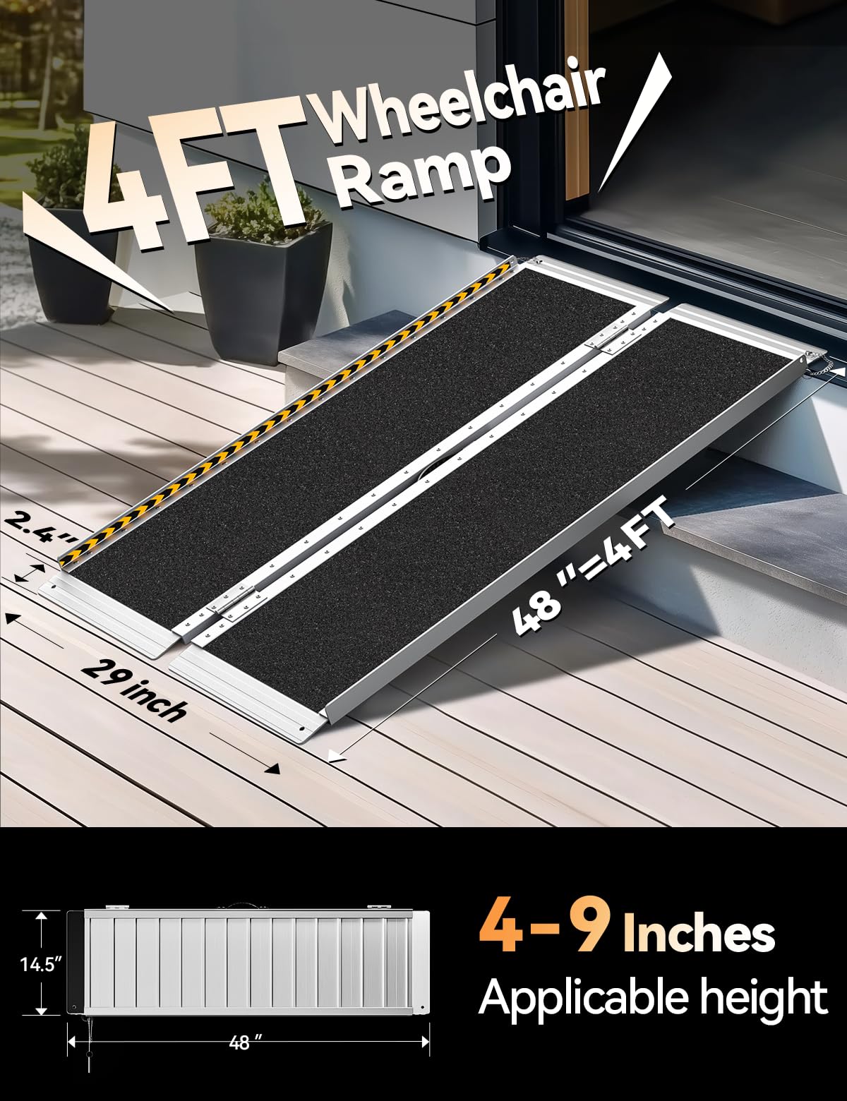 FACHNUO 4 Feet Portable Wheelchair Ramp, Non-Skid Aluminum Handicap Ramps with Handle, Folding Threshold Wheel Chair Ramp for Home Steps, Stairs, Entry, Threshold, Curbs, Stairs, 800LBS Capacity