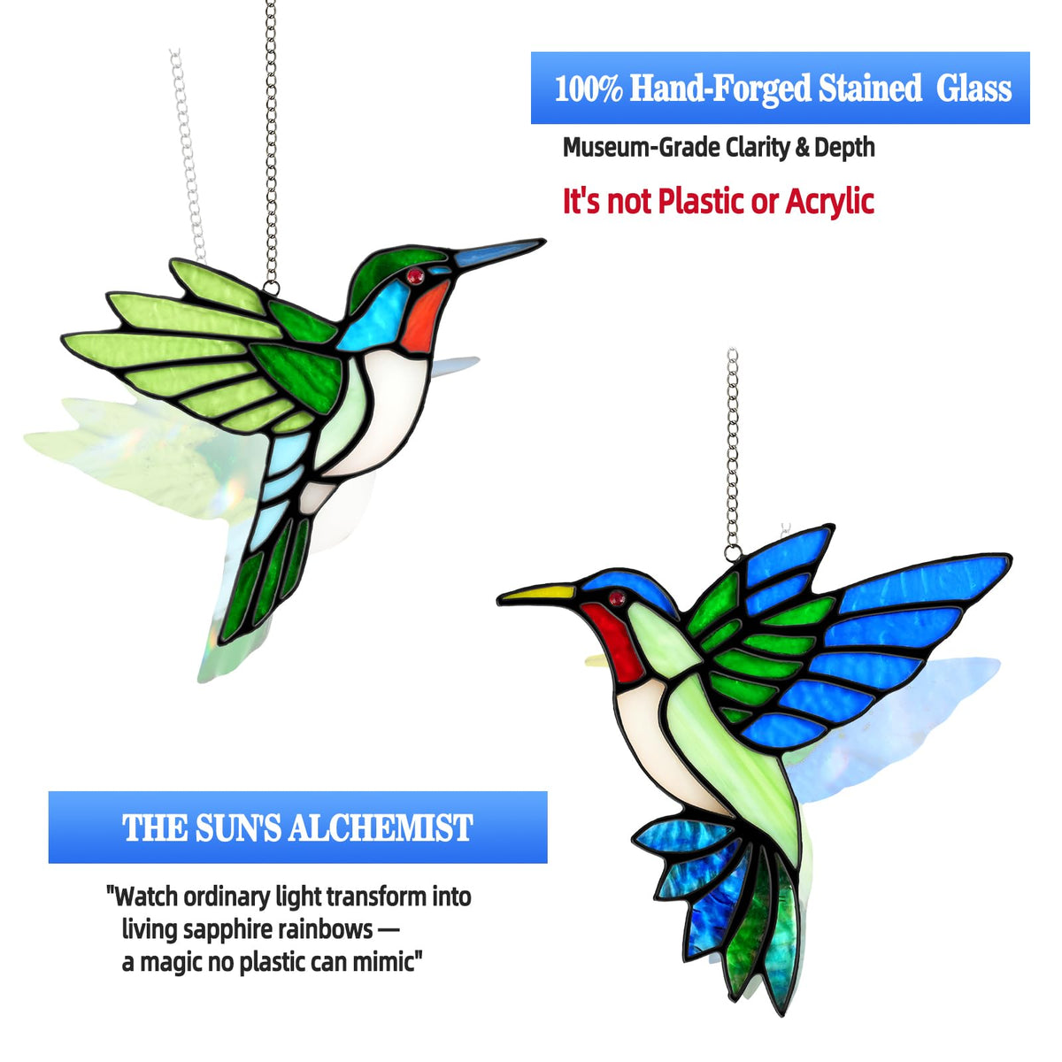 2 Pcs Hummingbird Stained Glass Window Hanging Suncatchers,Gifts for Women