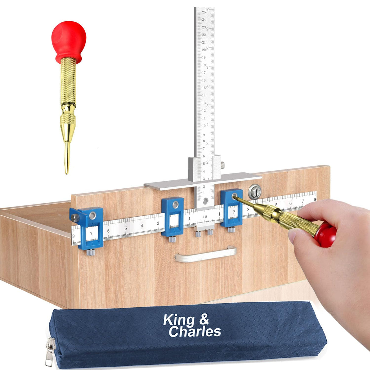 King&Charles Cabinet Hardware Jig, Metal Cabinet Handle Jig with Automatic Center Punch, Perfect Set - Avoid Jitter Caused by Direct Drilling, Use for Handles and Pulls on Drawers/Doors.