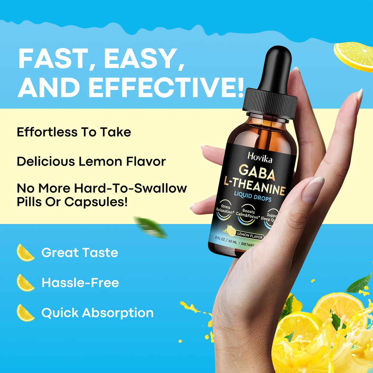 GABA L-Theanine Drops - Liquid GABA L-Theanine Supplement with L-Theanine, Ashwagandha, Magnesium Glycinate, Vitamin C, B6 - Support Sleep, Relaxation, Calm Mood & Focus - Lemon Flavor, 2 Fl Oz