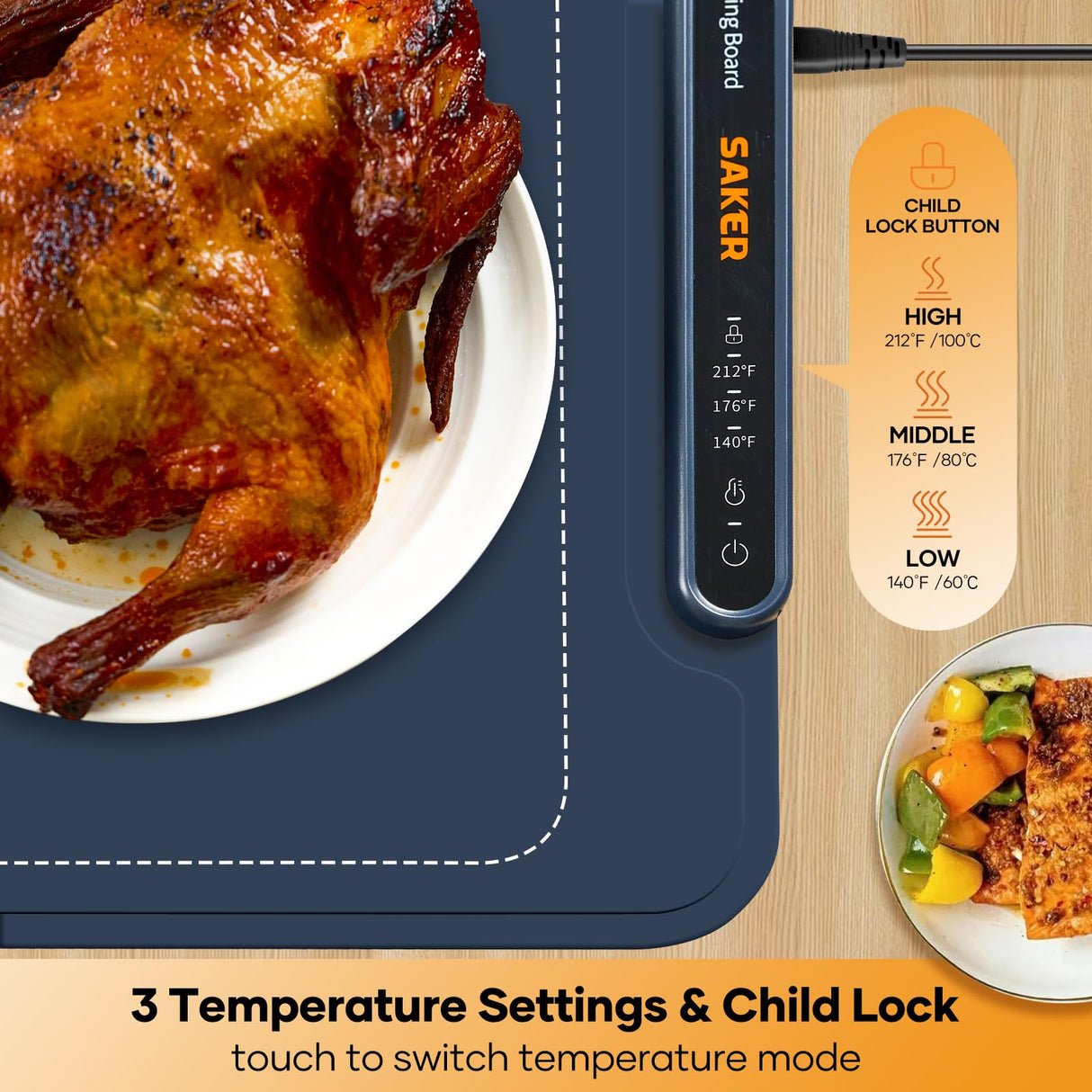 Saker Food Warming Mat,Electric Warming Tray for Food, Adjustable Heating Mat for Countertop with 3 Temperature Settings & Child Lock, Portable Foldable Food Warmer for Party, Buffet, Daily Use