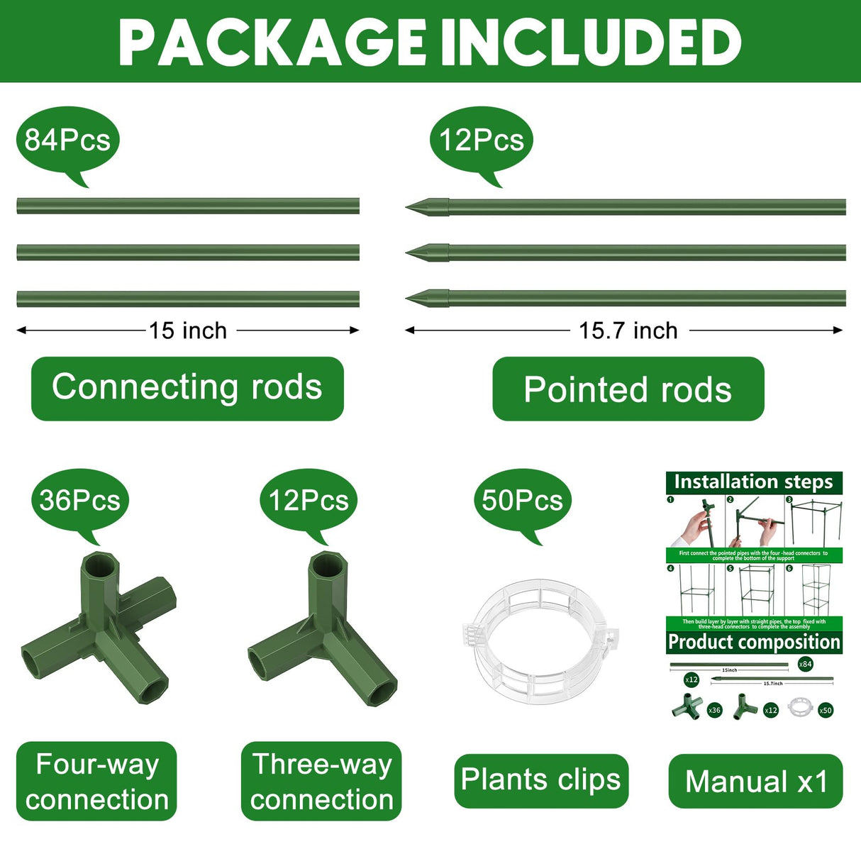 3 Pack Tomato Cage, 14.5" W x 53" H Square Tomato Trellis with 50 Pcs Clips