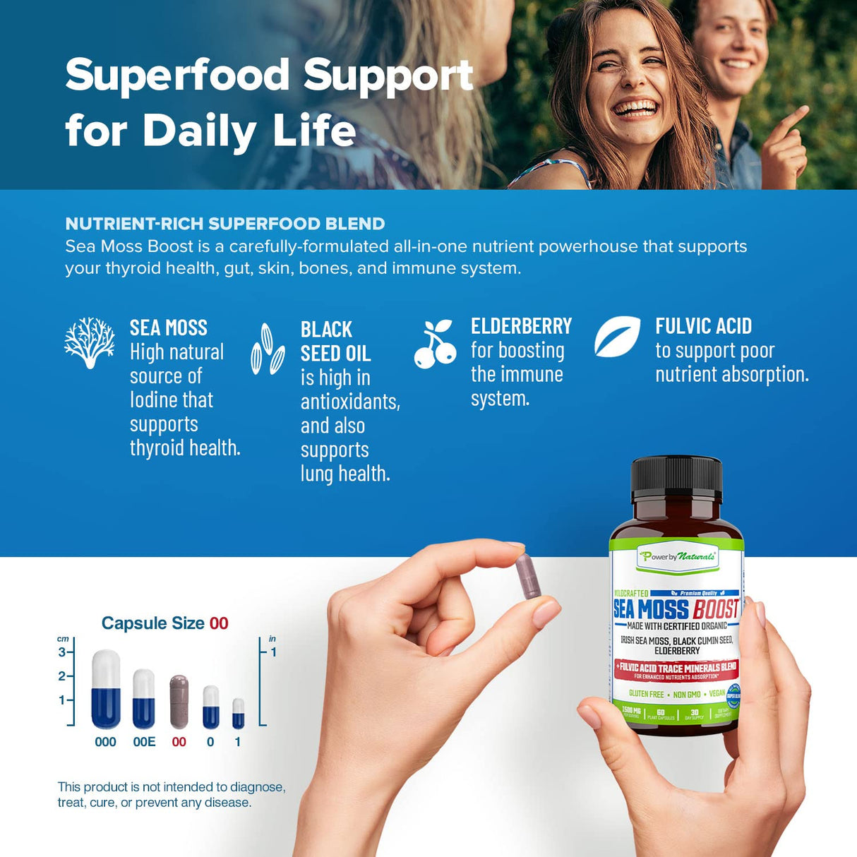 Power By Naturals Sea Moss Advanced with Black Seed Oil & Elderberry Capsules - Certified Organic Irish Sea Moss Capsules for Energy, Gut & Immune Support - Sea Moss Pills with (60+ Minerals) 60 Pills
