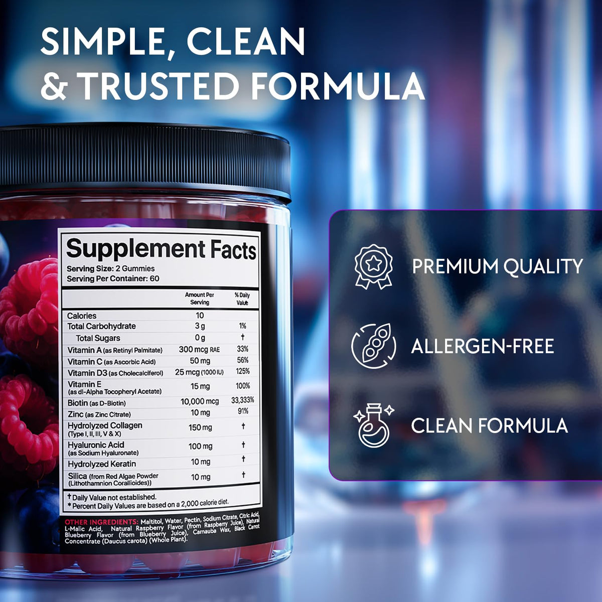 Biotin Gummies 10000mcg - Collagen Keratin - Hair Skin and Nails - Vitamins