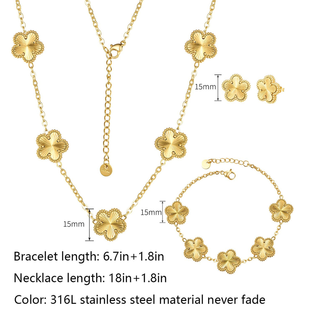 UOOANUO Clover Neckalce Bracelet Earring Set for Women 14K Gold Plated Stainless Steel Four Leaf Clover Jewelry Set
