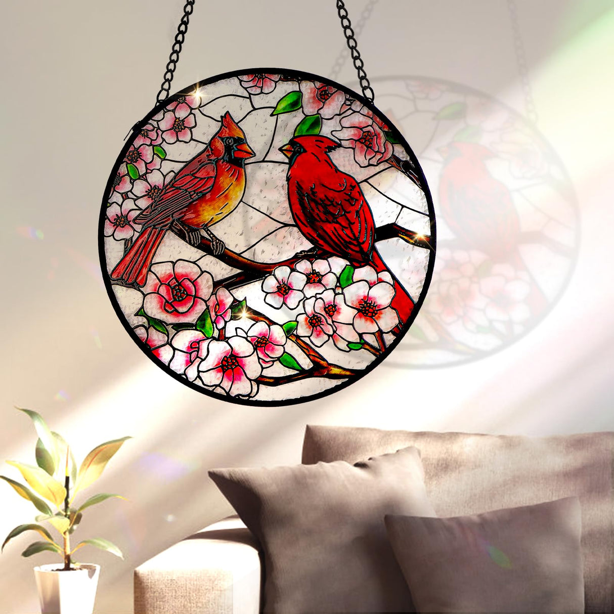 Remiawy Cardinal Stained Glass Window Hanging, 8 Inch Sun Catcher Glass Panel with Metal Chain and Hooks Suncatcher Indoor Window Wall Art Home Decor Gift for Bird Lovers Women Mother's Day Christmas