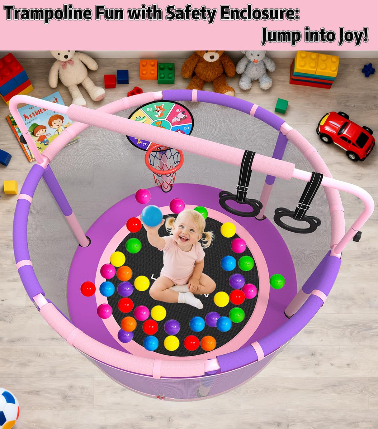 LANGXUN 60" Trampoline for Kids, 5ft Toddler Mini 6-in-1 Trampoline Indoor Outdoor with Swing, Basketball Hoop, Dart Board, Rings, Christmas Toys Birthday Gifts for Girls Boys