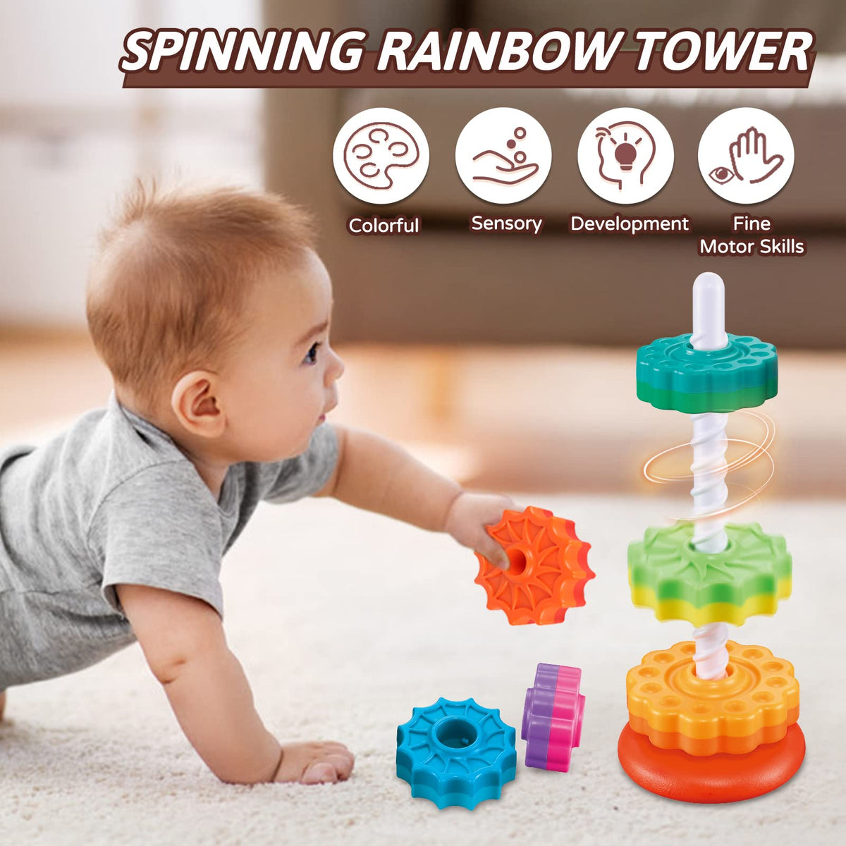 JUXUE Baby Spinning Stacking Toys for Toddlers 1-3, Rainbow Ring Stacker Montessori Toys for Babies for 12 Months, 1 2 3 One Year Old Girl Boy Christmas Birthday Gifts, Autism Sensory Learning Toy