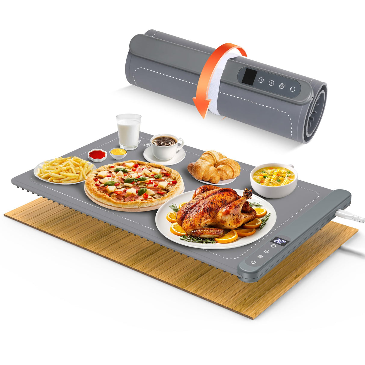Warming Mat for Food, Electric Warming Tray for Parties Buffet, Graphene 3S Rapid Full-Surface Heating Mat with 8 Levels Adjustable Temp and 12 Hours Timer, Food Warming Pad with Bamboo Insulating Mat