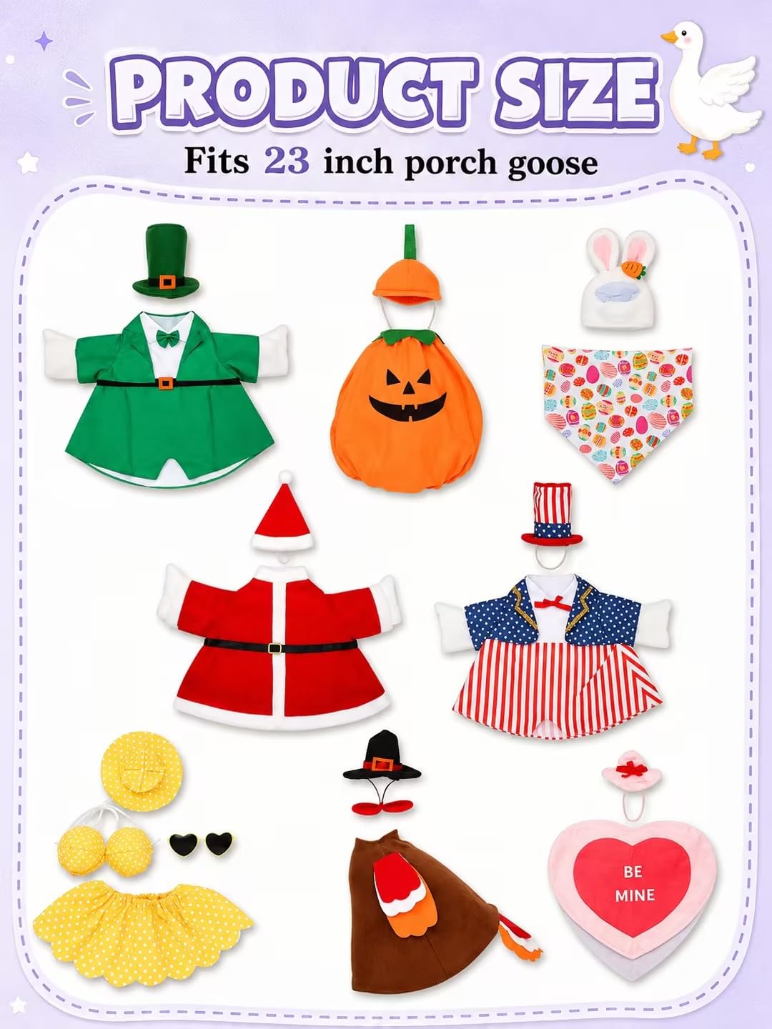 8 Set Holiday Porch Goose Outfits, All Seasons Bundle for 4th of July, Fall, Halloween, Christmas Decor, Valentine, St. Patrick's Day, Easter, Summer,Lawn & Indoor Outdoor, Fits 23 Inch (No Goose)