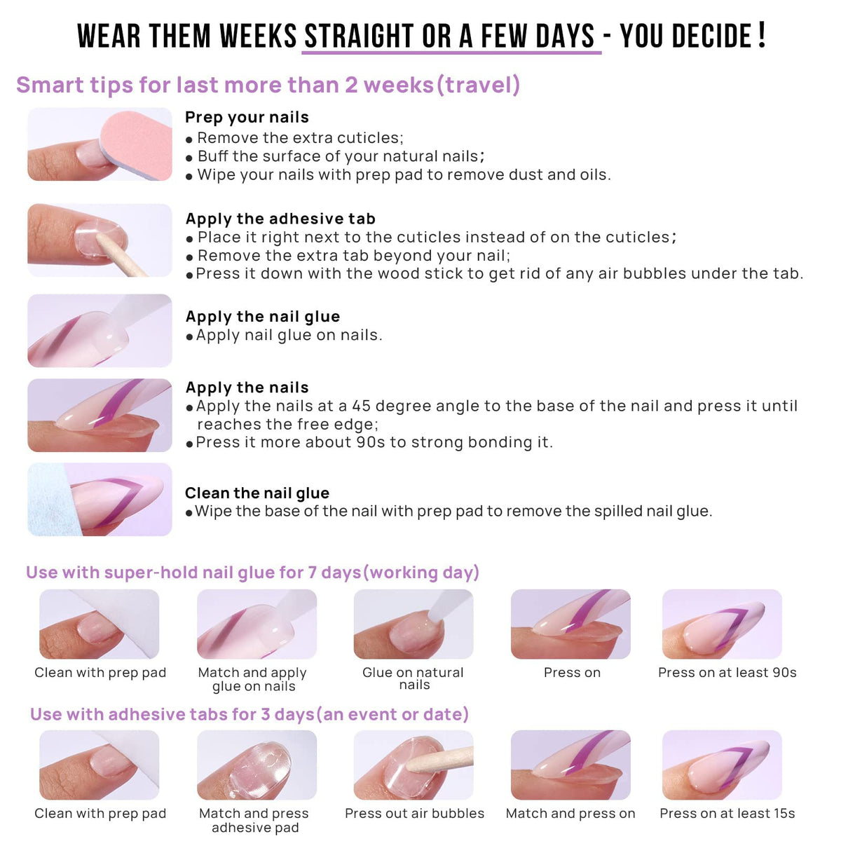 BTArtbox Press On Nails, Short Coffin French Tip Nails, 32 Pcs Full Kit