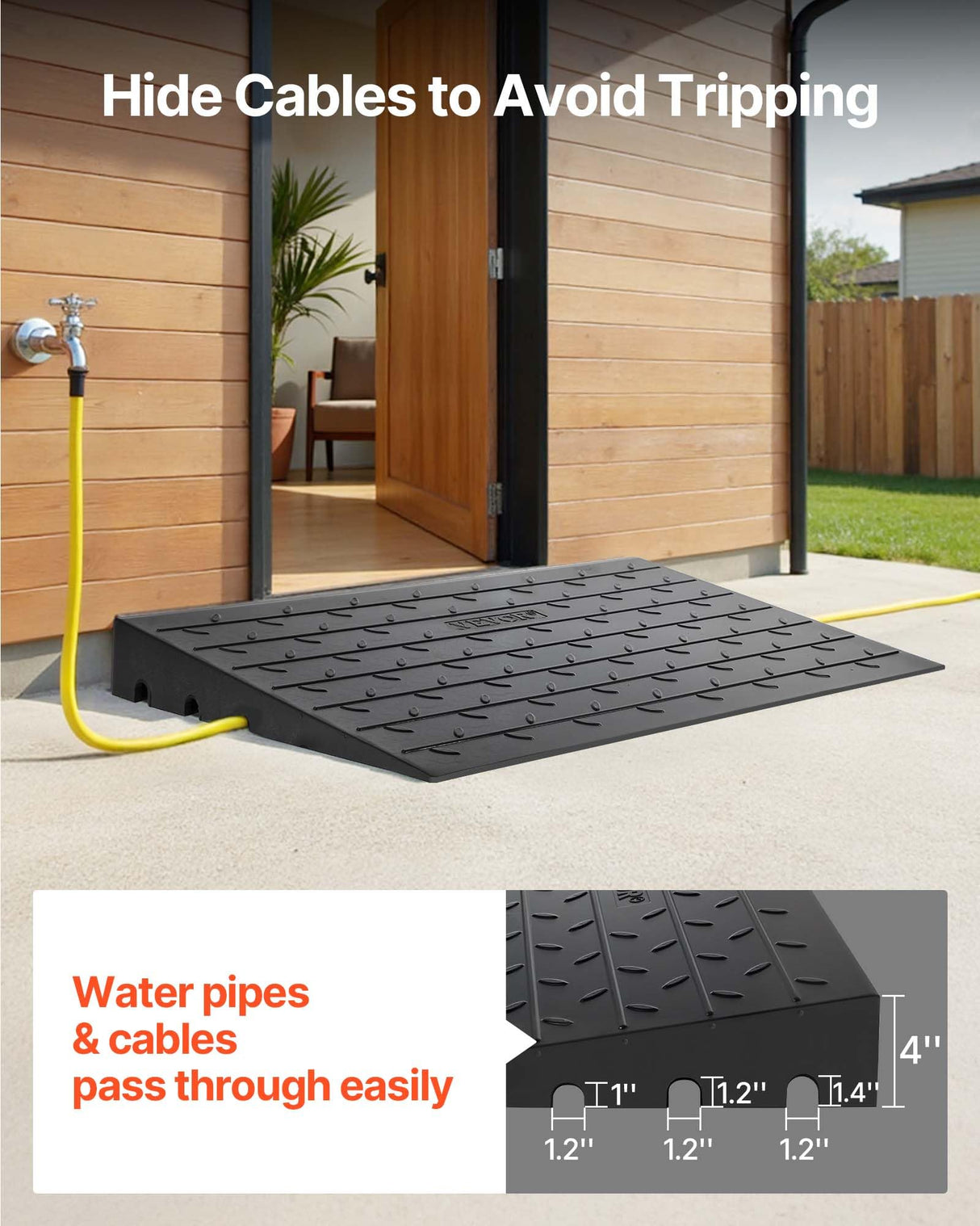 VEVOR Rubber Threshold Ramp for Doorway 4" Rise, 3 Channels Cord Cover Curb Ramp, Angled Entry Rated 2200 Lbs Load Capacity Rubber Ramp for Wheelchair and Scooter