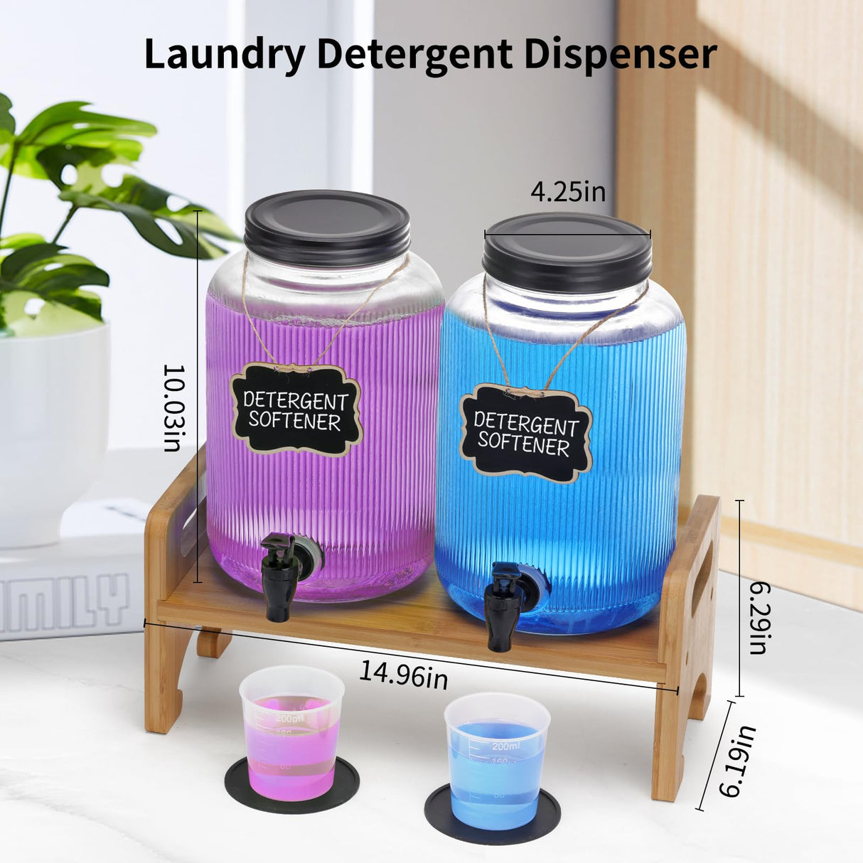 2-Pack Laundry Detergent Dispenser with Bamboo Stand,1 Gallon Laundry Soap Dispenser with Measuring Cup,Glass Laundry Detergent Containr for Laundry Room Organization and Storage