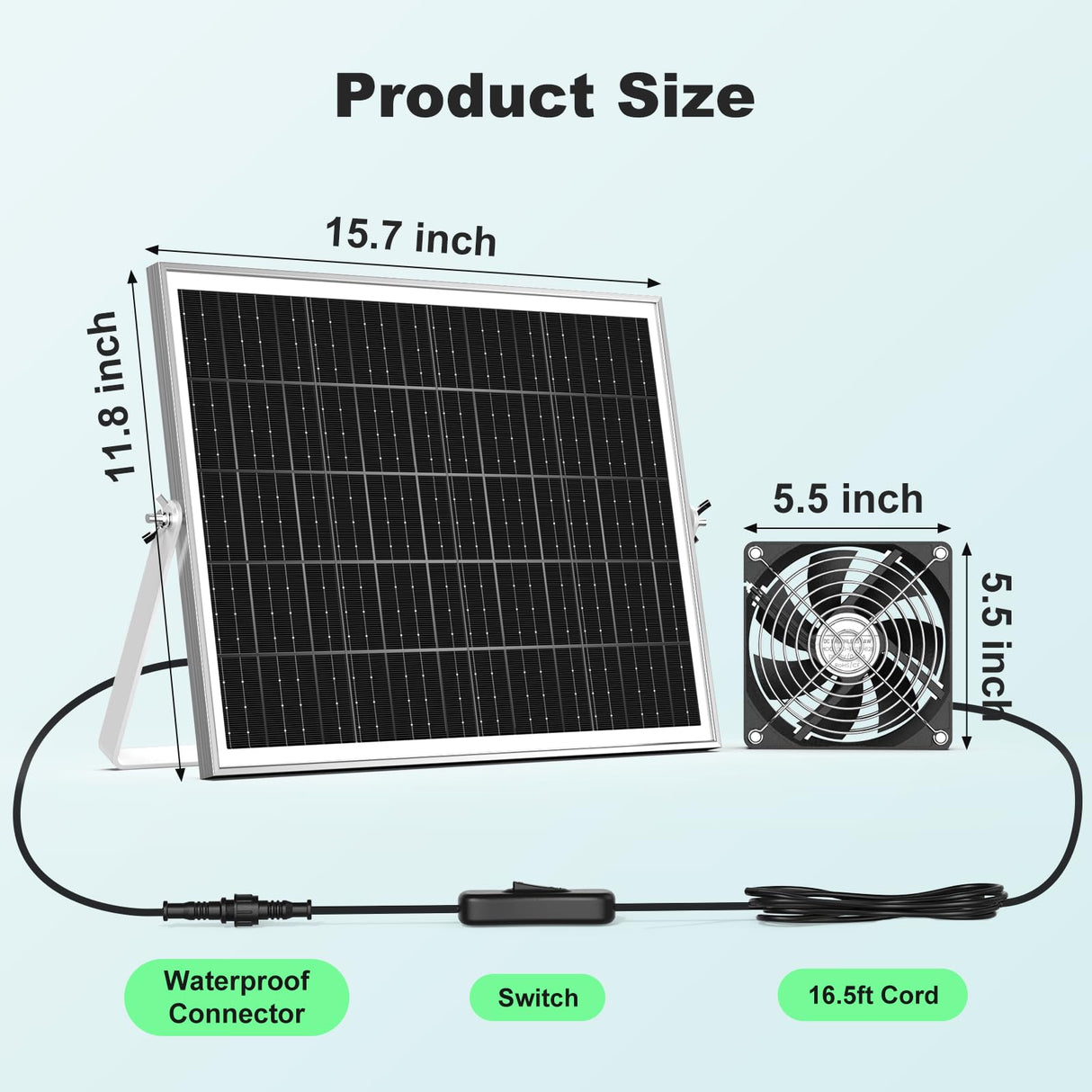 pqins New 5.5" Solar Chicken Coop Fan 3 Kit, 35W Solar Powered Exhaust and Intake Greenhouse Fan Outdoor Waterproof, 16.5ft Cord, Strong Airflow, for Shed Air Circulation and Ventilation, No Battery