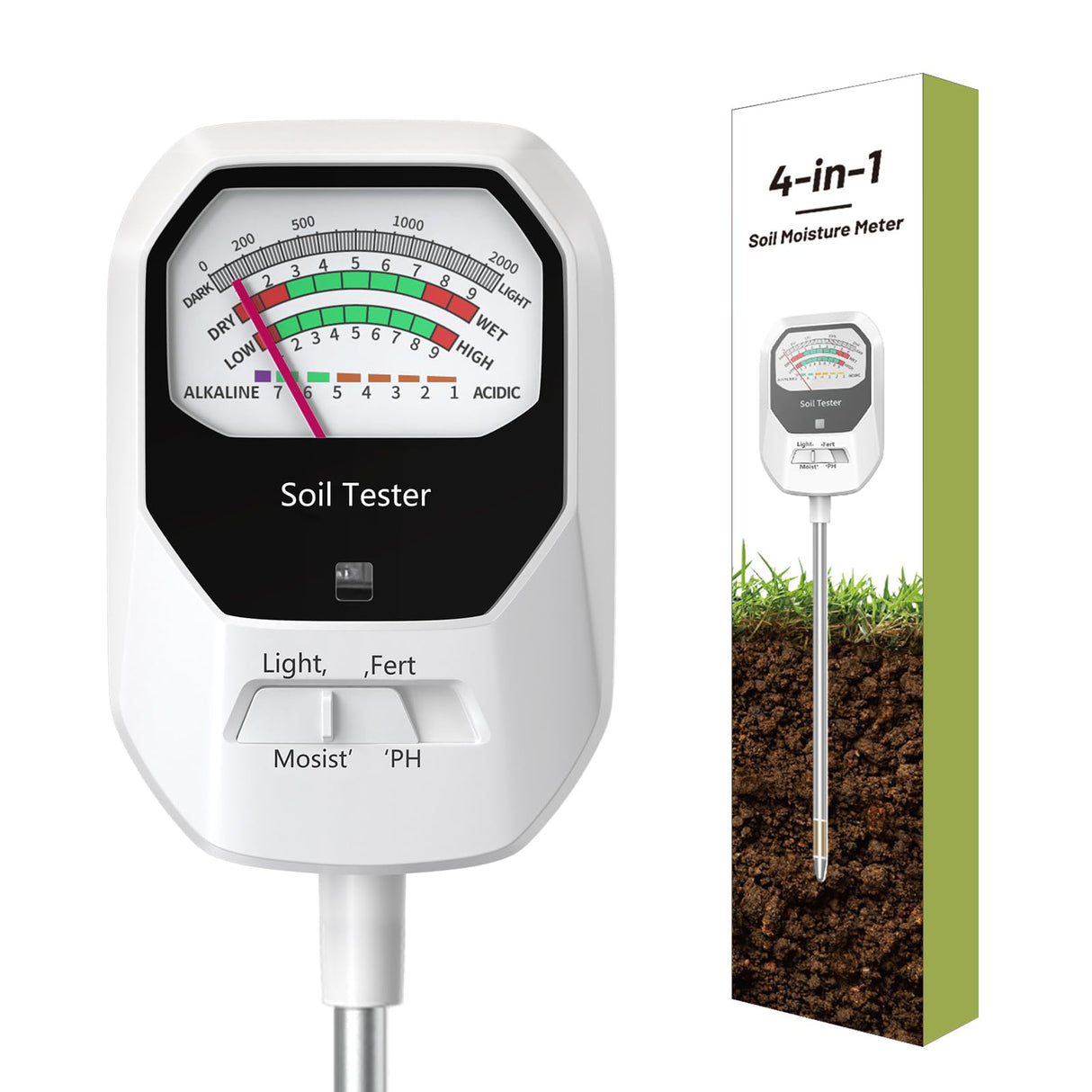 Buladeke 4-in-1 Soil Moisture Meter Soil Moisture/Fertility/PH Meter/Sunlight Intensity Soil Test Meter for Gardening, Farming and Outdoor Plants