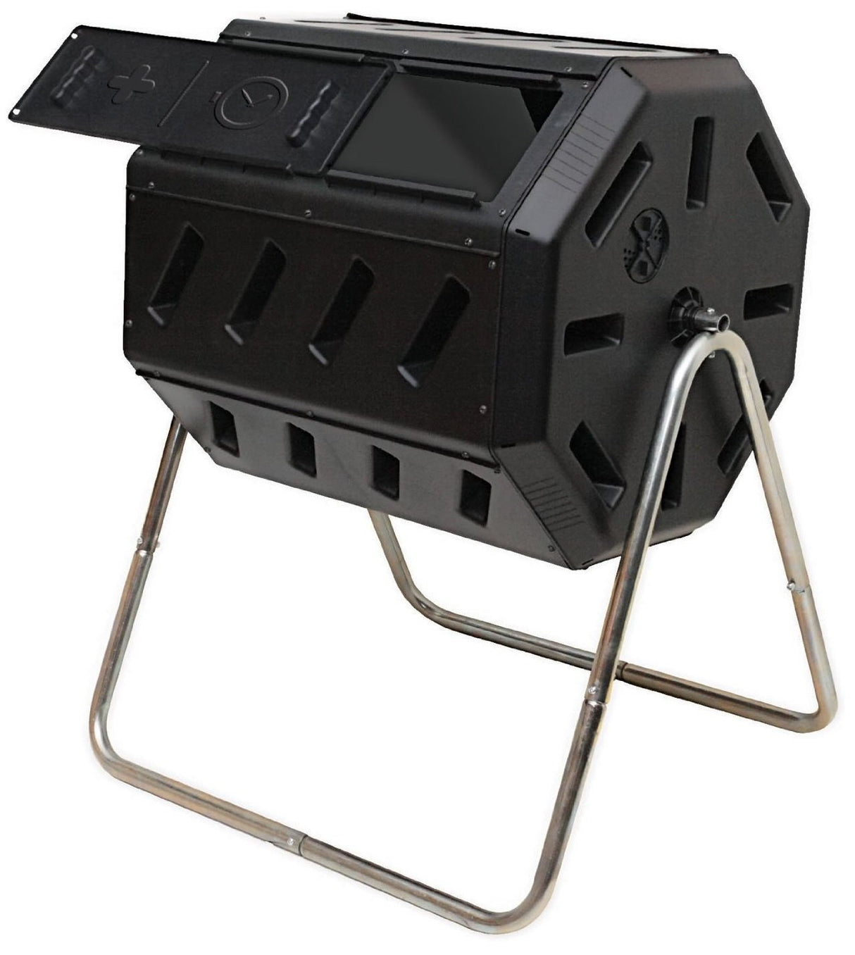 FCMP Outdoor Heavy Duty 37 Gallon 8 Sided Steel Portable Plastic Dual Chamber Tumbling Composter Outdoor Elevated Rotating Garden Compost Bin, Black