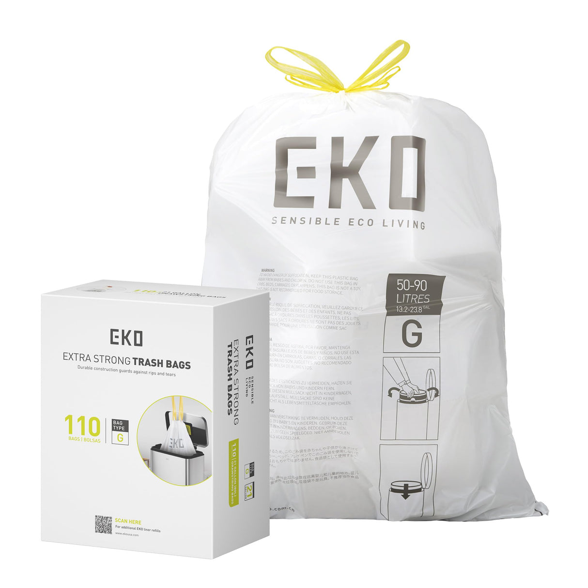 EKO Extra Strong 21 Gallon Large Trash Bags, Heavy-Duty Drawstring Kitchen & Household Garbage Bags (80L), Leak-Resistant, 110 Count, Code G